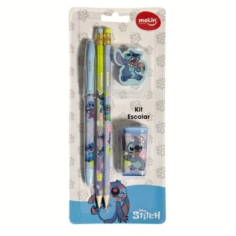 Kit Escolar Molin Stitch com 1 Caneta Esferográfica Azul 2 Lápis HB Pretos 1 Borracha e 1 Apontador com Depósito