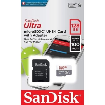 Cartão de Memória Micro SD Sandisk Ultra 128GB 100mb/s + Adaptador SD Classe 10