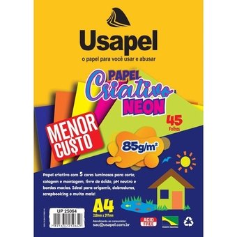 Papel Usapel Criativo Neon A4 85g/m² 45 Folhas 5 Cores Sortidas