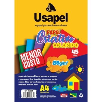 Papel Usapel Criativo A4 85g/m² 45 Folhas 8 Cores Sortidas