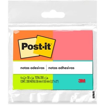 Blocos de Notas Adesivas 3M Post-it 653 Tropical 4 Cores 38mm x 50mm Com 50 Folhas Cada