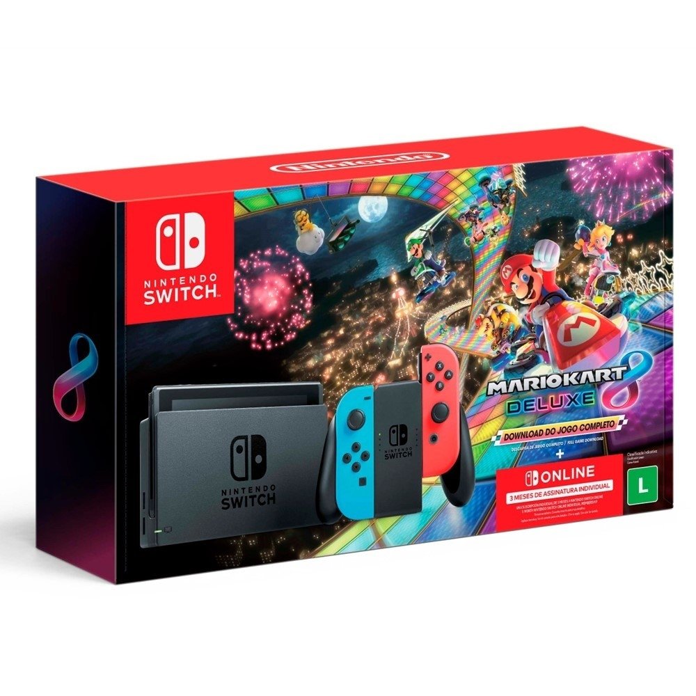 Console Nintendo Switch com Controle JoyCon Neon Azul e Vermelho